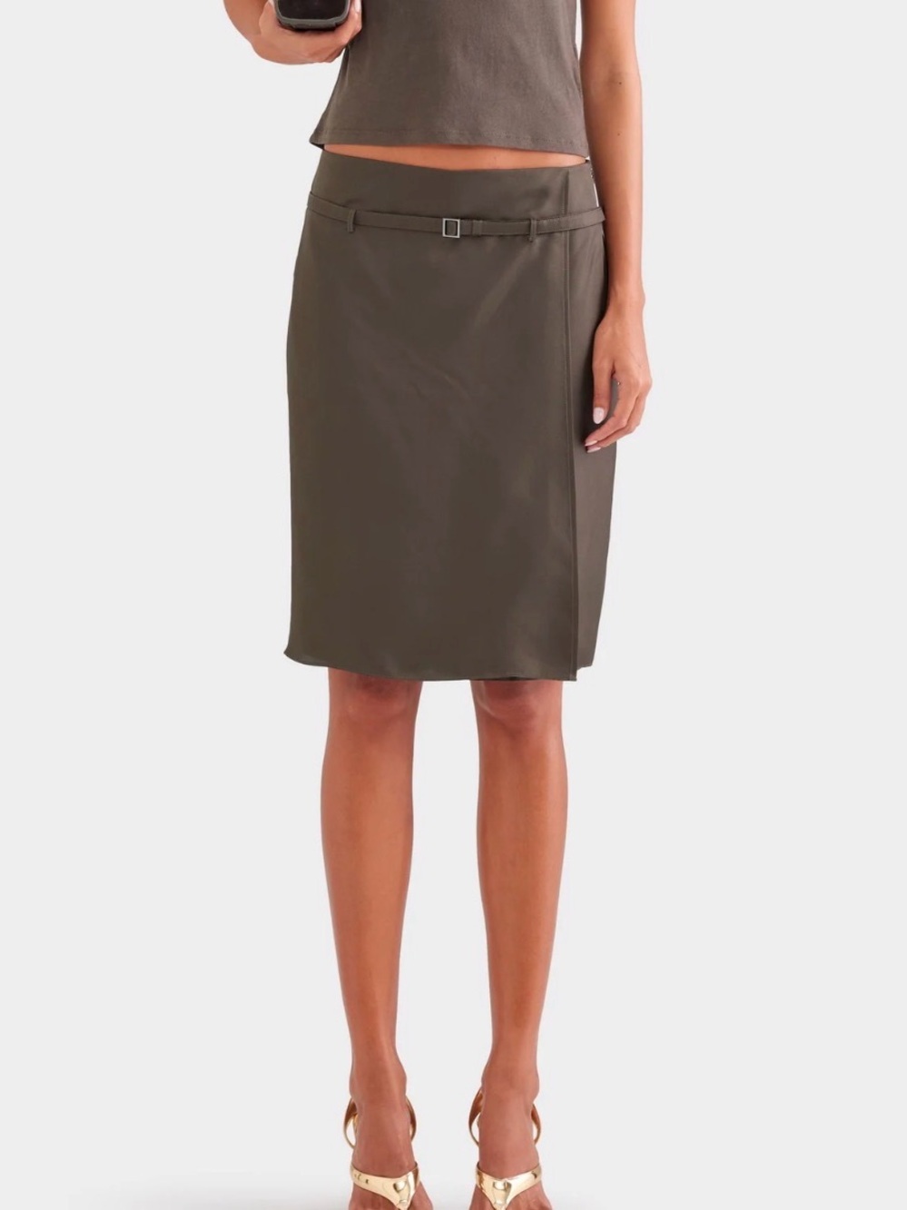 Venroy Silk Twill Belted Skirt dark Olive
